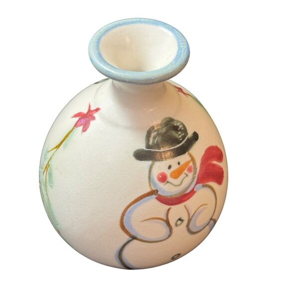 Clouds Folsom Art Pottery Winter Snowman And Christmas Trees Bud Vase Holidays - Picture 1 of 5